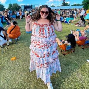 Anthropologie Sleeveless Square Neck Red Floral Ruffled Bohemian Maxi Dress XLP